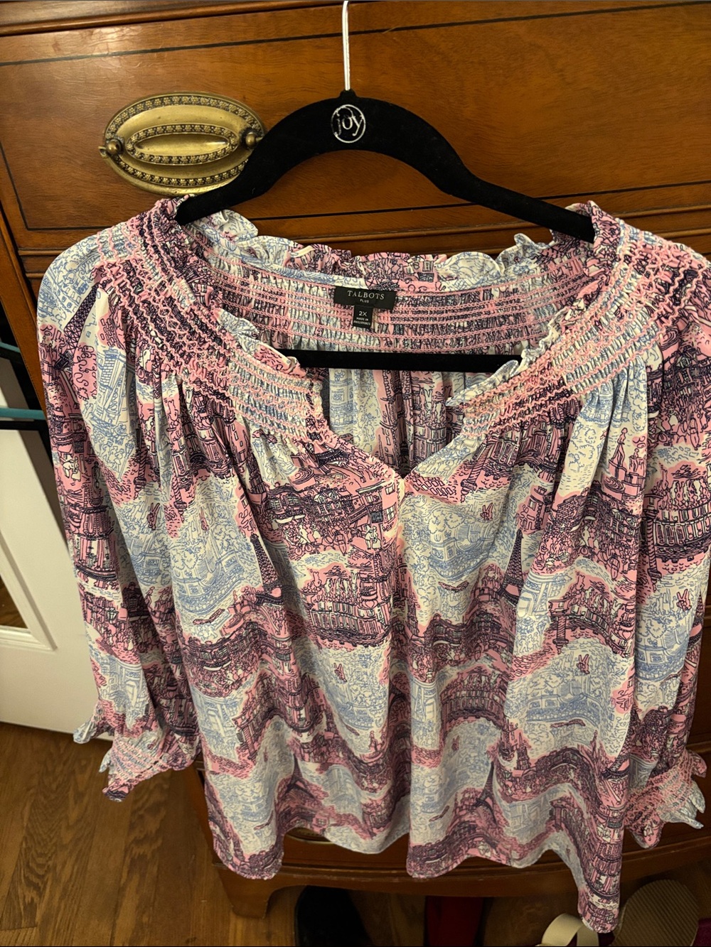 Talbots Pink and Light Blue Paisley Off-Shoulder Blouse